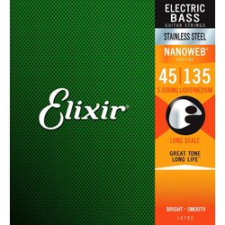 Elixir 14782 NanoWeb  струны для 5-струнной бас-гитары Medium 45-135, сталь