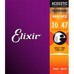 Elixir 16152 NanoWeb  струны для  12-струнной акустической гитары Light 10-47/10-27, фосфор/бро