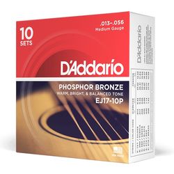 D`Addario EJ17-10P  Струны для акустической гитары фосфор/бронза, Medium 13-56 (10 комплектов)